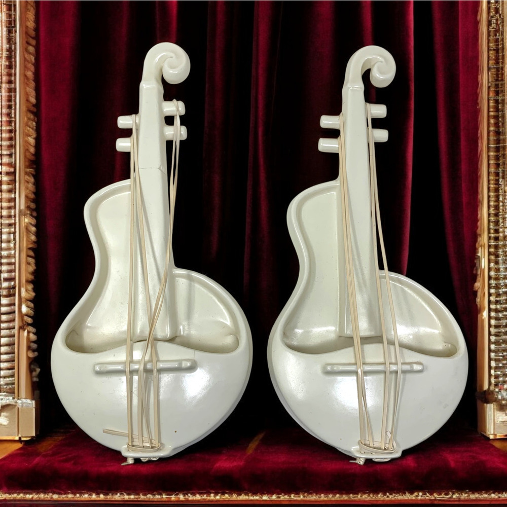 Lot 2 Vintage Red Wing Pottery Violin Cello Ivory Wall Pocket Planter M1484 READ
